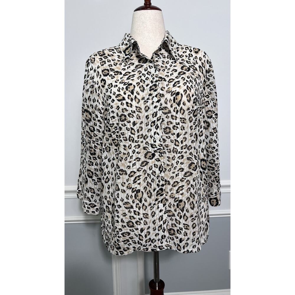 ALFRED DUNNER (14) Animal Print-Button Down-Blouse-Travel-Semi Sheer-Grandmacore